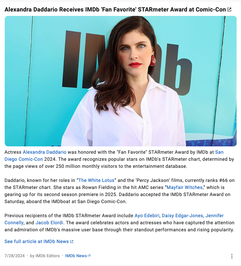 Alexandra Daddario IMDb Starmeter