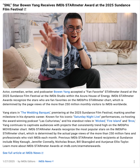 Bowen Yang Receives IMDb STARmeter Award